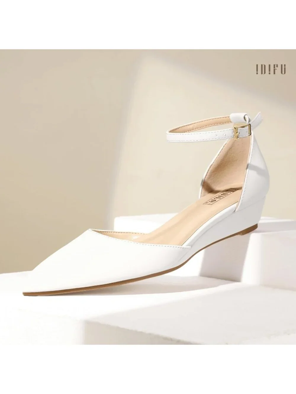 Women's White PU Low Wedge Flats Closed Pointed Toe Adjustable Ankle Strap Shoes